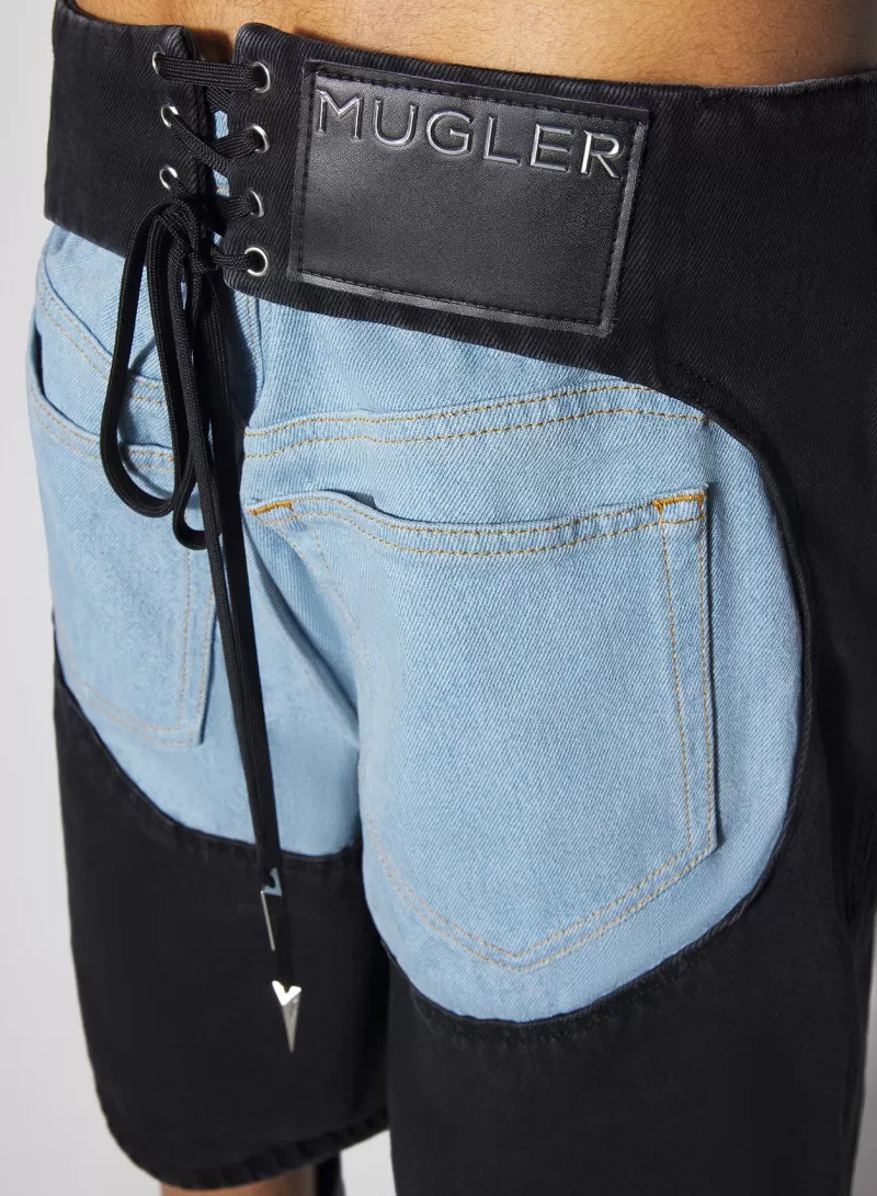 Outlet MUGLER bi-color laced denim shorts