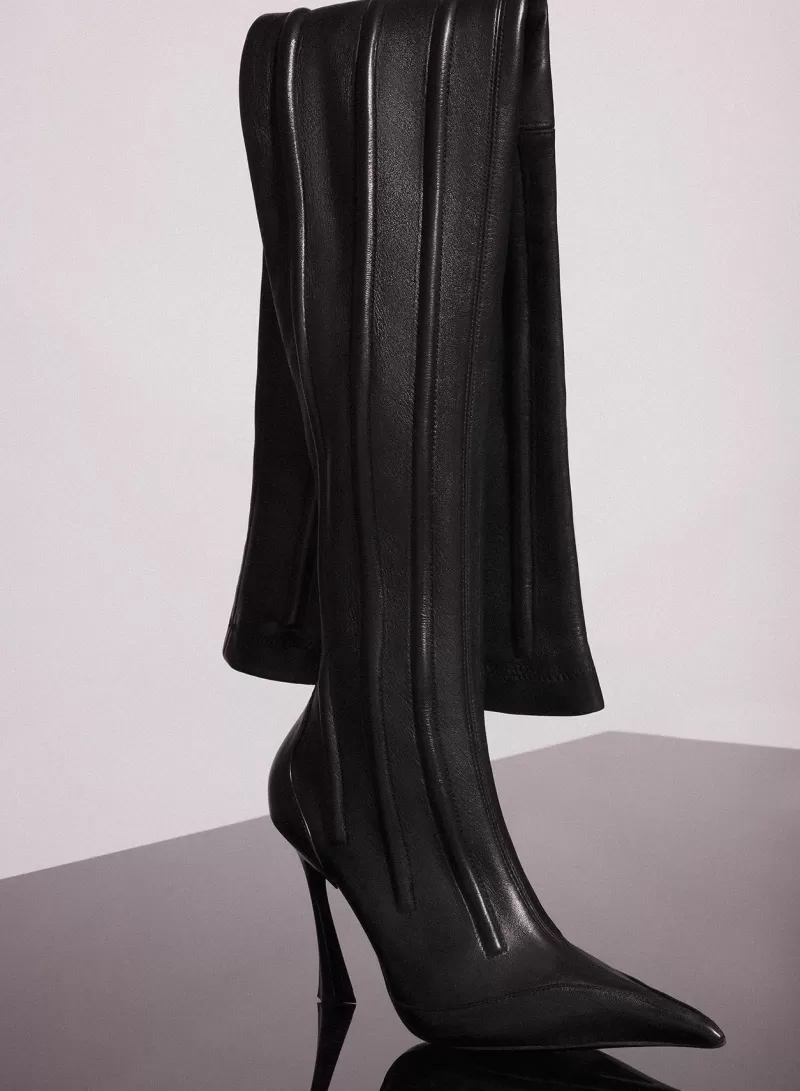 Hot MUGLER black boned leather fang 95 thigh high boots