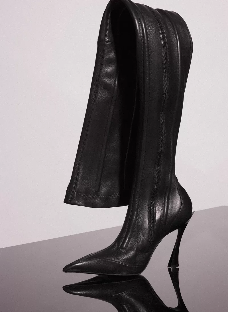 Hot MUGLER black boned leather fang 95 thigh high boots