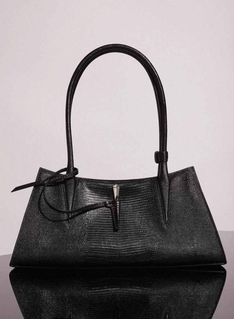 Shop MUGLER black embossed lizard leather fang bag