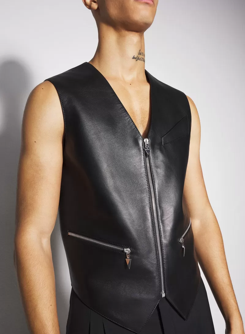 Sale MUGLER black leather zipper vest