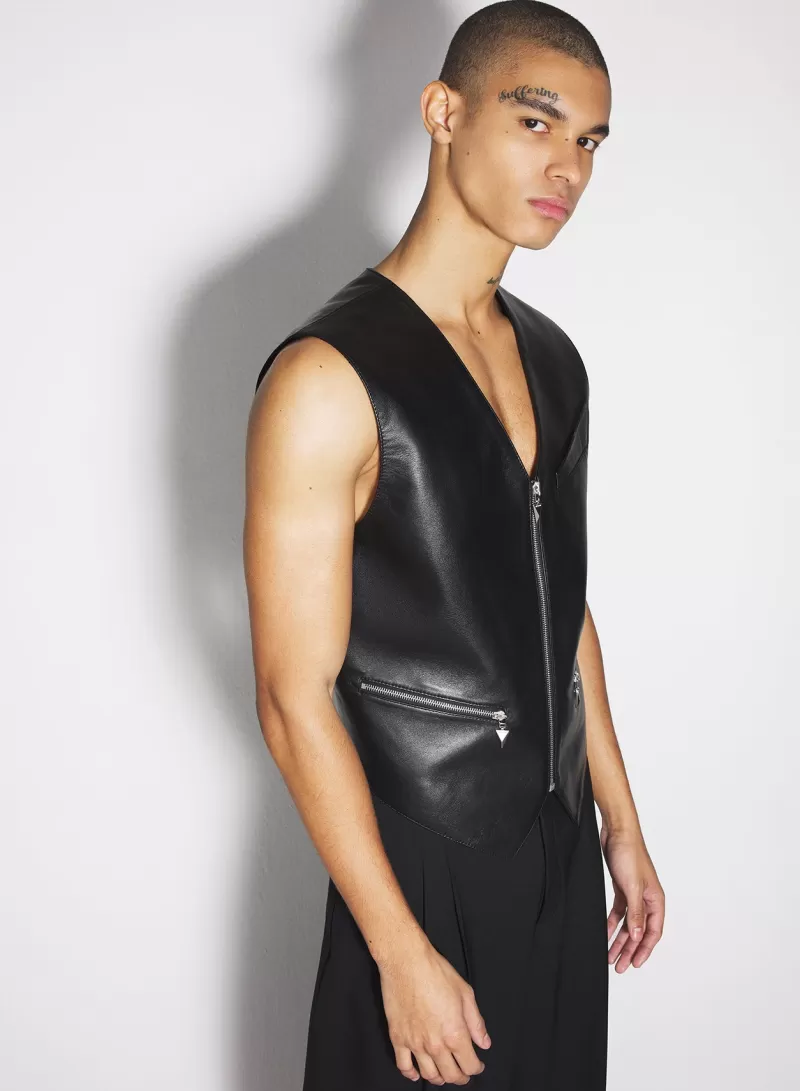 Sale MUGLER black leather zipper vest