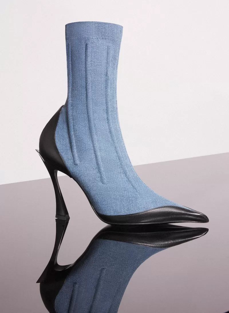 Shop MUGLER blue bi-color boned denim fang 95 ankle boots