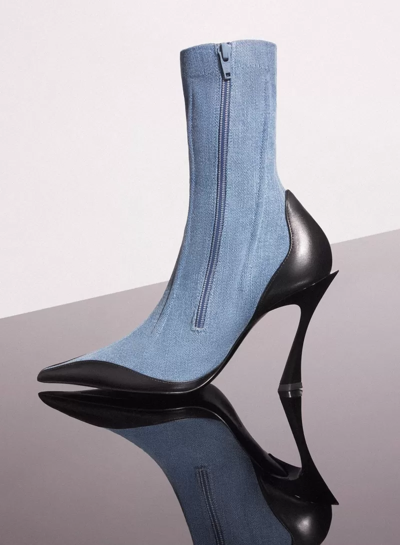 Shop MUGLER blue bi-color boned denim fang 95 ankle boots