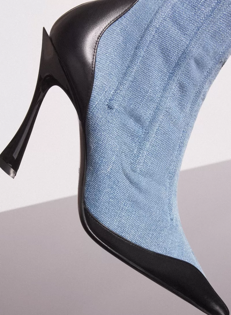 Shop MUGLER blue bi-color boned denim fang 95 ankle boots