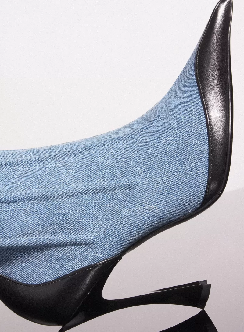 Shop MUGLER blue bi-color boned denim fang 95 ankle boots