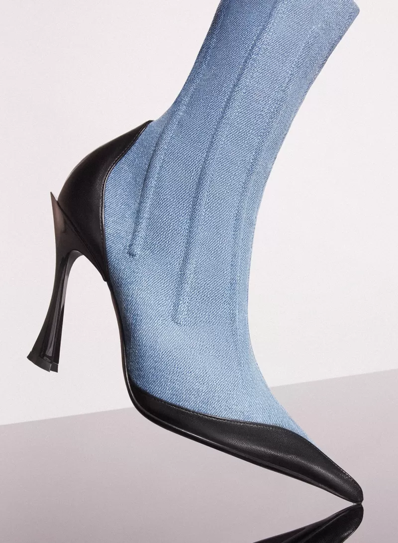 Shop MUGLER blue bi-color boned denim fang 95 ankle boots