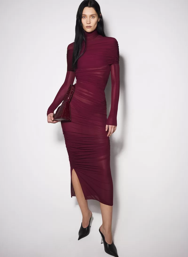 Online MUGLER burgundy sheer ruched dress