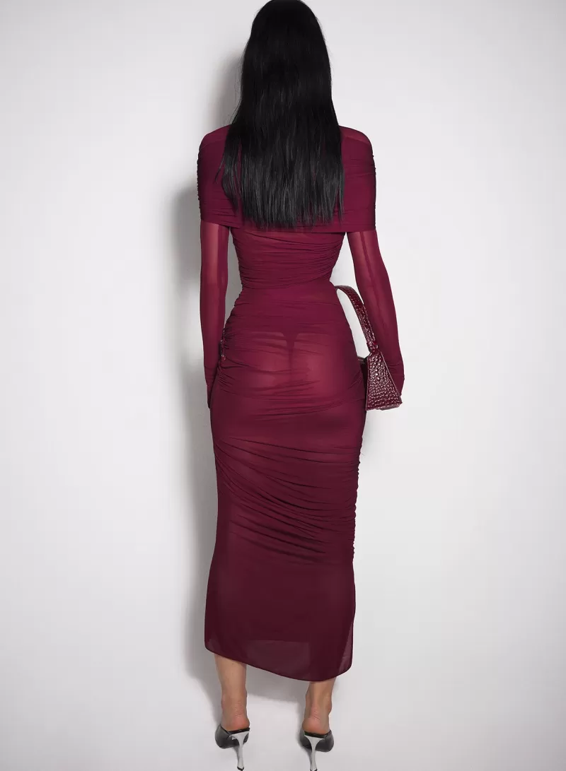 Online MUGLER burgundy sheer ruched dress