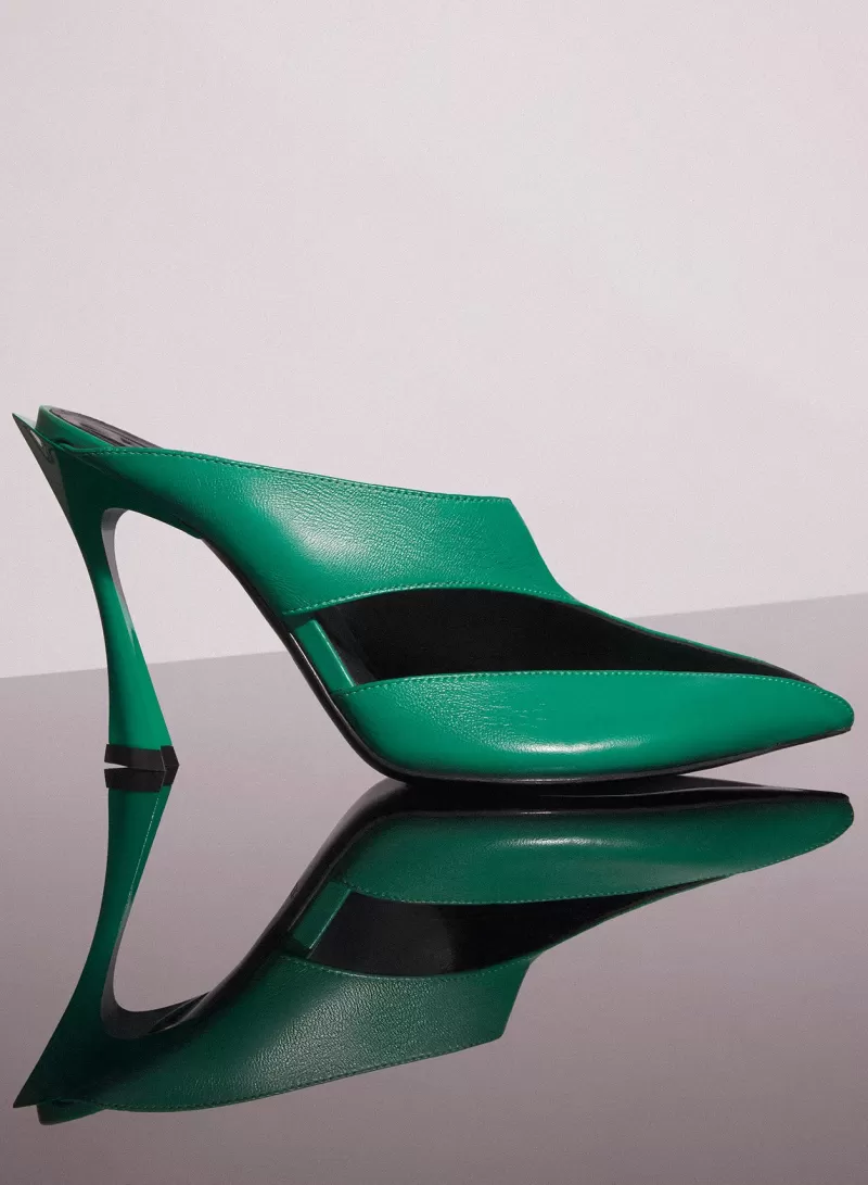 Fashion MUGLER jade green leather fang 95 cut-out mule