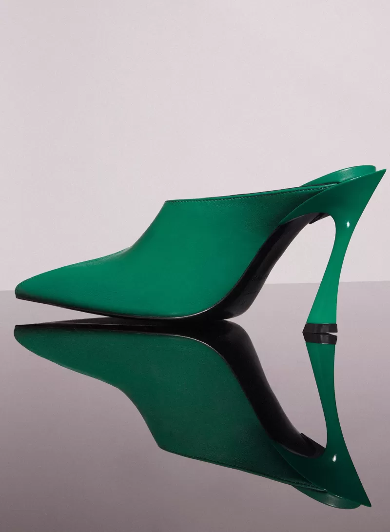 Fashion MUGLER jade green leather fang 95 cut-out mule