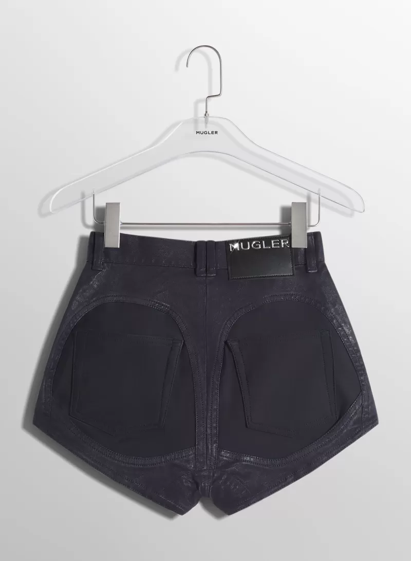 Online MUGLER midnight blue bi-material denim shorts