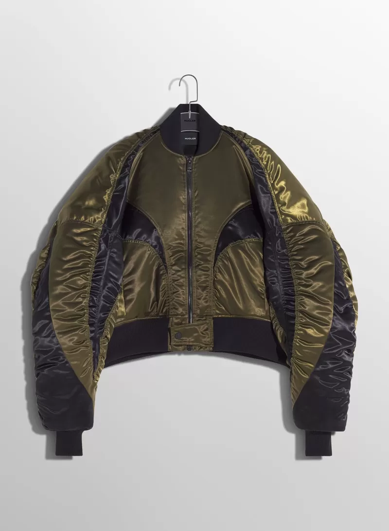 New MUGLER military green satiny bomber jacket