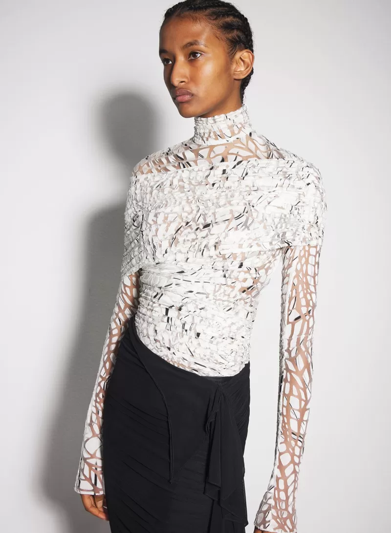 Fashion MUGLER off-white dévoré velvet ruched top